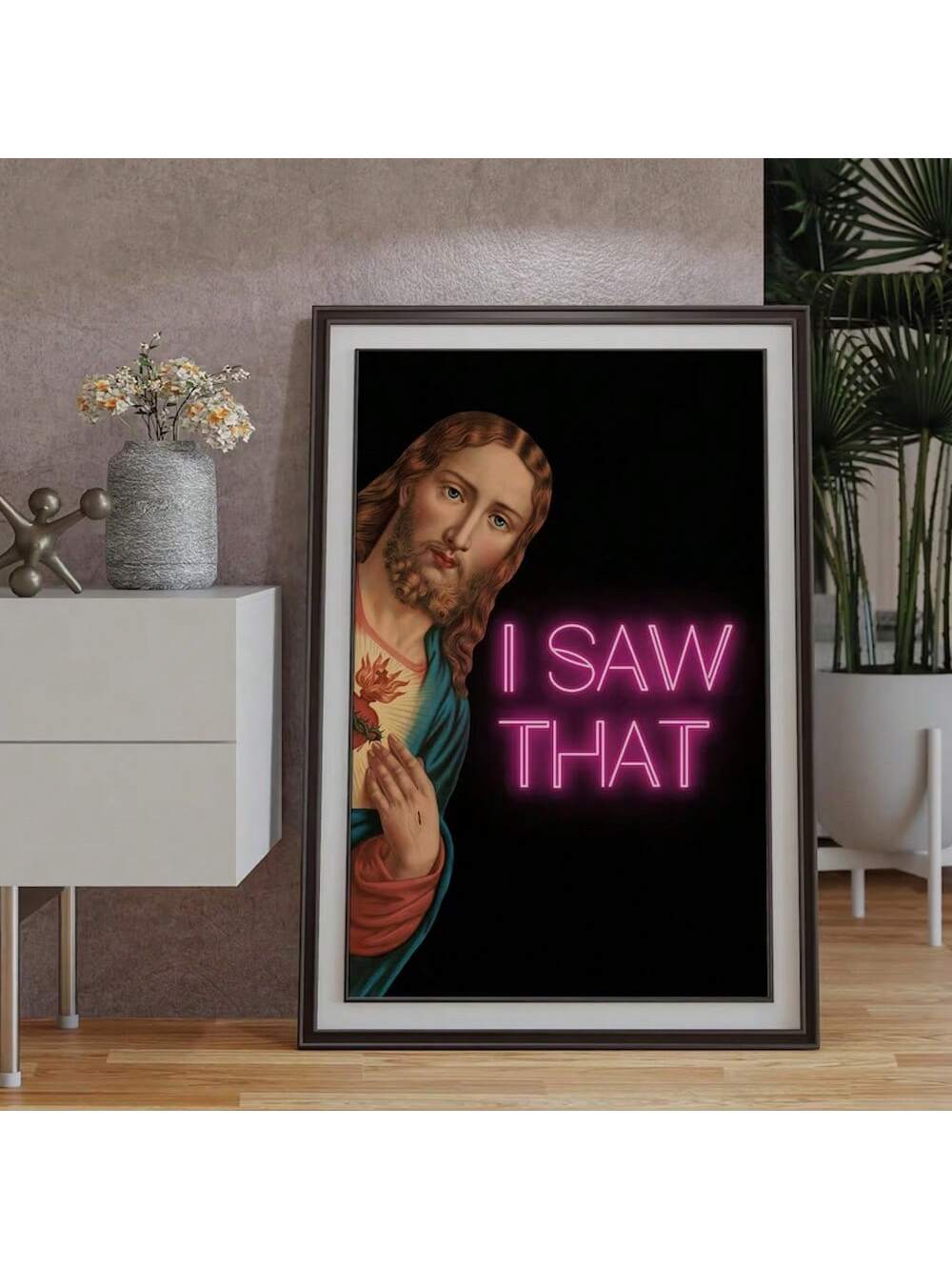 Add some humor to your home decor with our Funny Jesus Poster. This fashionable neon art piece is perfect for any room and makes a great gift for any Christian. Made with high-quality canvas and available in multiple sizes. Elevate your living room or bedroom with this unique and stylish piece.