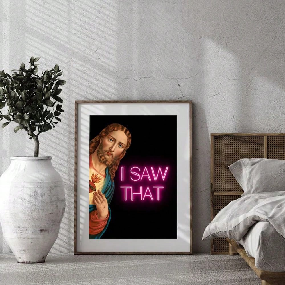 Add some humor to your home decor with our Funny Jesus Poster. This fashionable neon art piece is perfect for any room and makes a great gift for any Christian. Made with high-quality canvas and available in multiple sizes. Elevate your living room or bedroom with this unique and stylish piece.