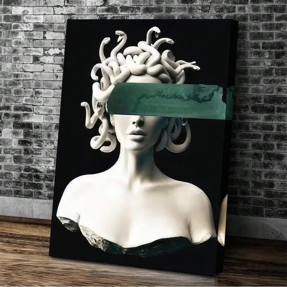 Enhance the beauty of your space with Medusa Mystique: Framed Classical Canvas Art. This stunning print is inspired by the captivating ancient Greek mythology, adding a touch of intrigue and elegance to any room. Crafted with high-quality materials, it is a timeless piece of decorative art.