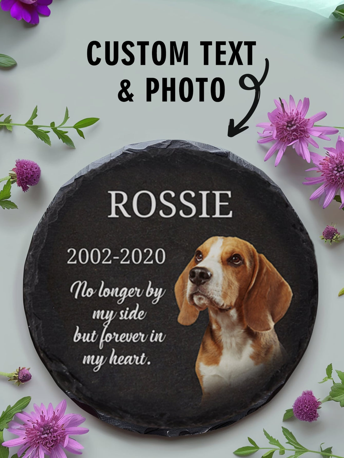 Honor your beloved pet forever with our Personalized Round Shape Pet Memorial Stone. Made with high-quality materials, this stone can be customized with your pet's name and a heartfelt message. With its durable design, this beautiful memorial will be a lasting tribute to your cherished companion.