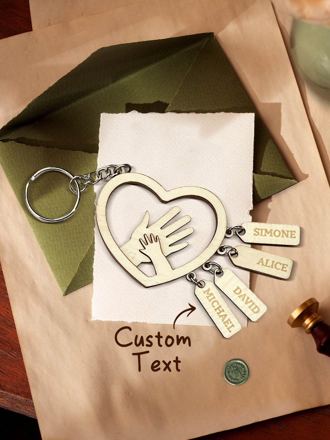 This custom engraved wooden keychain features intertwined hands and hearts, making it the perfect personalized gift for dads and husbands. Show your love and appreciation with this unique and thoughtful gift. The durable wood and precision engravings add a personal touch and lasting quality.