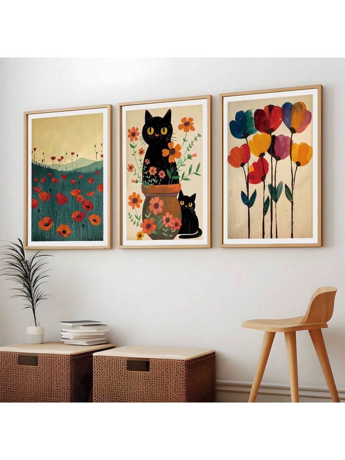 Transform your living space with this sophisticated 3-piece unframed canvas wall art featuring a vintage black cat amid floral scenery. The artistic composition combines classic aesthetics with contemporary appeal, making it an exceptional decorative element for any room. Perfect as a distinctive gift for art enthusiasts or cat lovers, this set delivers professional-quality imagery that elevates interior design with its timeless charm.