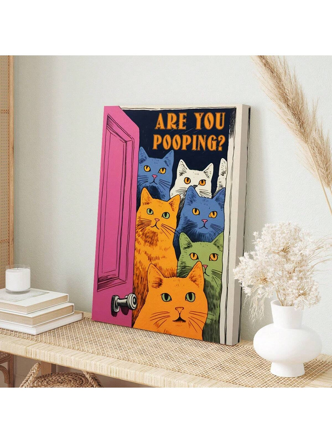 Upgrade your home decor with this hilarious "Are You Pooping?" cat canvas. Perfect for any cat lover, this toilet wall art adds a touch of funny, humor to any room. Makes for a unique and entertaining gift. Get yours now!