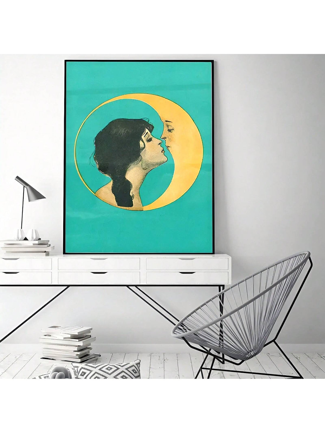 Enhance the ambiance of your living room and bedroom with this vintage romantic girl kissing moon canvas print. With no frame, this high-quality artwork will add a touch of romance to your home decor. Perfect for those who appreciate timeless beauty.