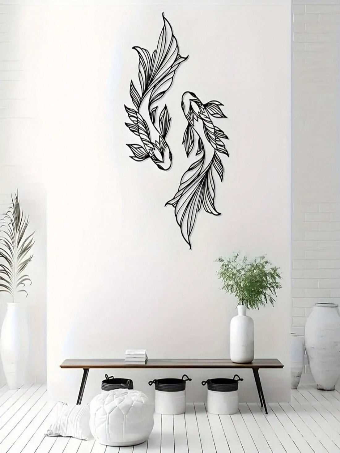 Enhance the harmony and prosperity in your home with our 2-piece koi fish shaped metal wall art. Bring Feng Shui principles to your interior design with this unique and beautiful decoration. Crafted with quality and detail, these pieces will elevate your space with a touch of tranquility and abundance.