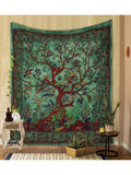 Green Tree of Life tapestry hanging on wall with plants and side tables
