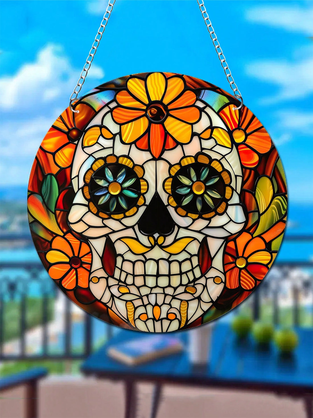 Illuminate your space with our Day of the Dead Acrylic Skull Head Suncatcher and Wall Decor. Made from durable acrylic material, it features vibrant colors and intricate details inspired by the traditional Mexican holiday. Use it as a decoration or hang it in a window for a stunning suncatcher effect.