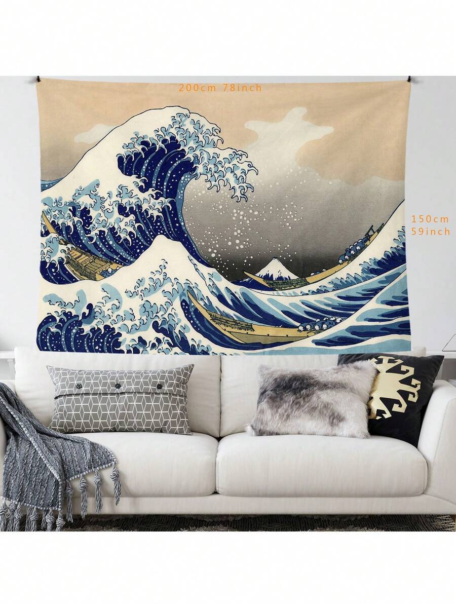 Large blue coastal Great Wave tapestry above white sofa in Japanese wall hanging style