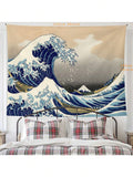 Oversized Great Wave tapestry above bed as Japanese ocean bedroom wall decor