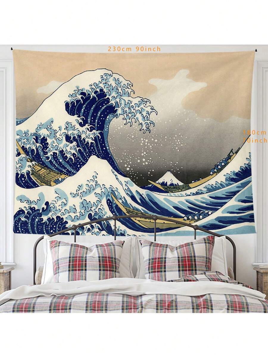 Oversized Great Wave tapestry above bed as Japanese ocean bedroom wall decor