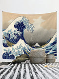 Large Great Wave tapestry behind floor cushions and baskets as Japanese wave wall art