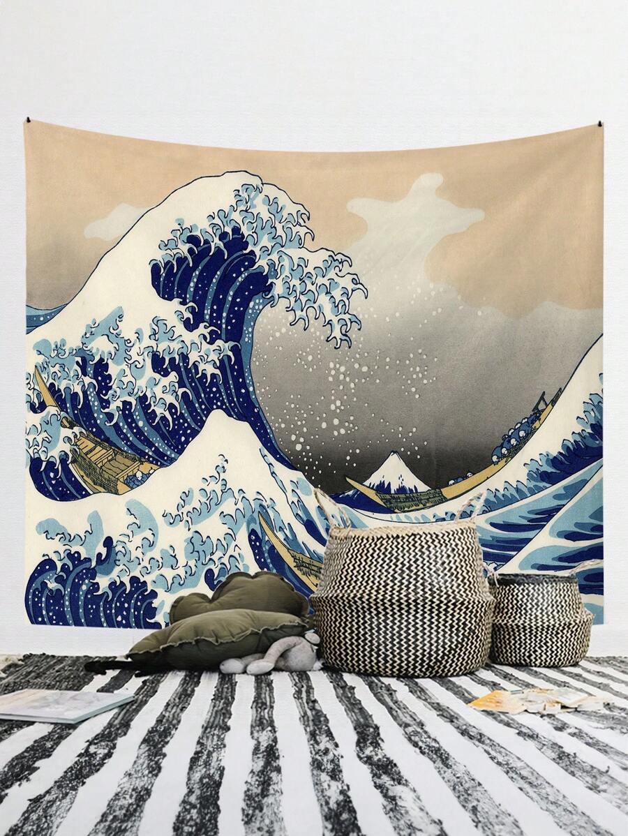 Large Great Wave tapestry behind floor cushions and baskets as Japanese wave wall art