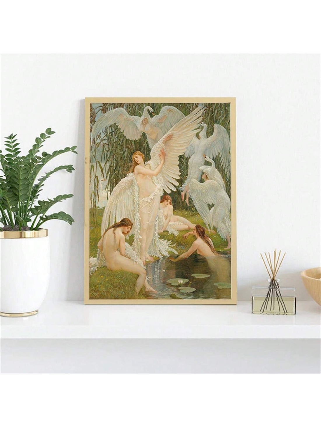 This frameless canvas wall art features "The Swan Maidens" by Walter Crane. With its elegant and detailed design, it will add a touch of sophistication to any room. Made with high-quality materials, it is durable and long-lasting. Transform your space into a work of art with this beautiful piece.