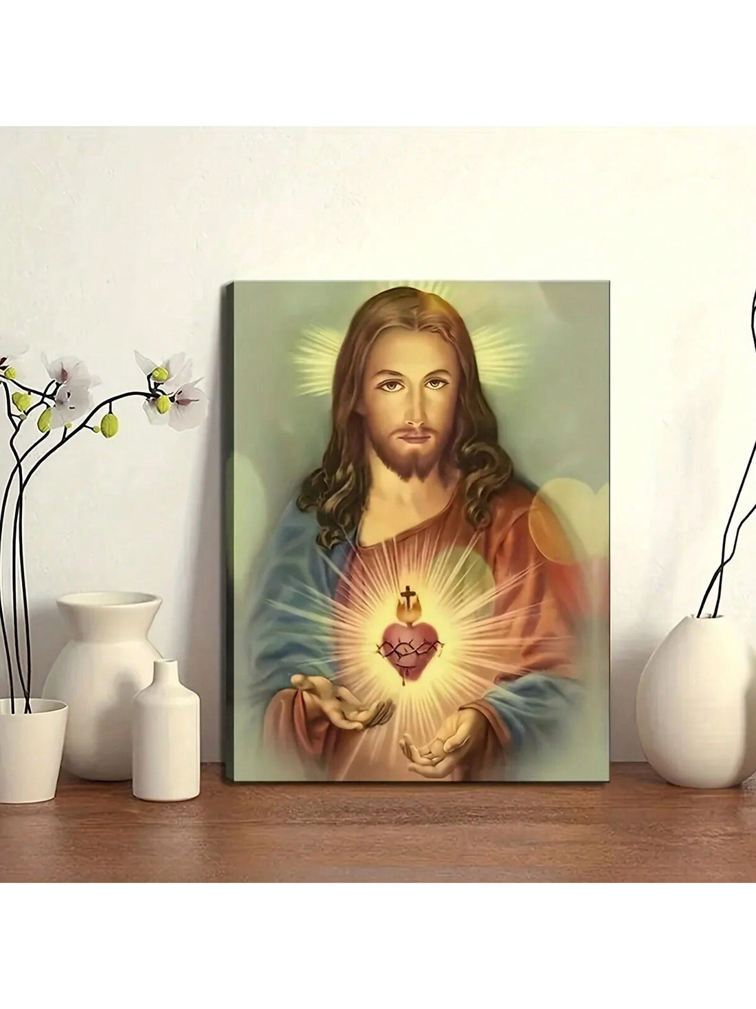 Experience the powerful and sacred energy of Divine Mercy with our canvas painting. This exquisitely detailed piece features Jesus' Holy Heart, radiating love and forgiveness. Perfect for Catholic homes, this painting adds a touch of spiritual beauty to any room. Enhance your decor and immerse yourself in the mercy of Christ.