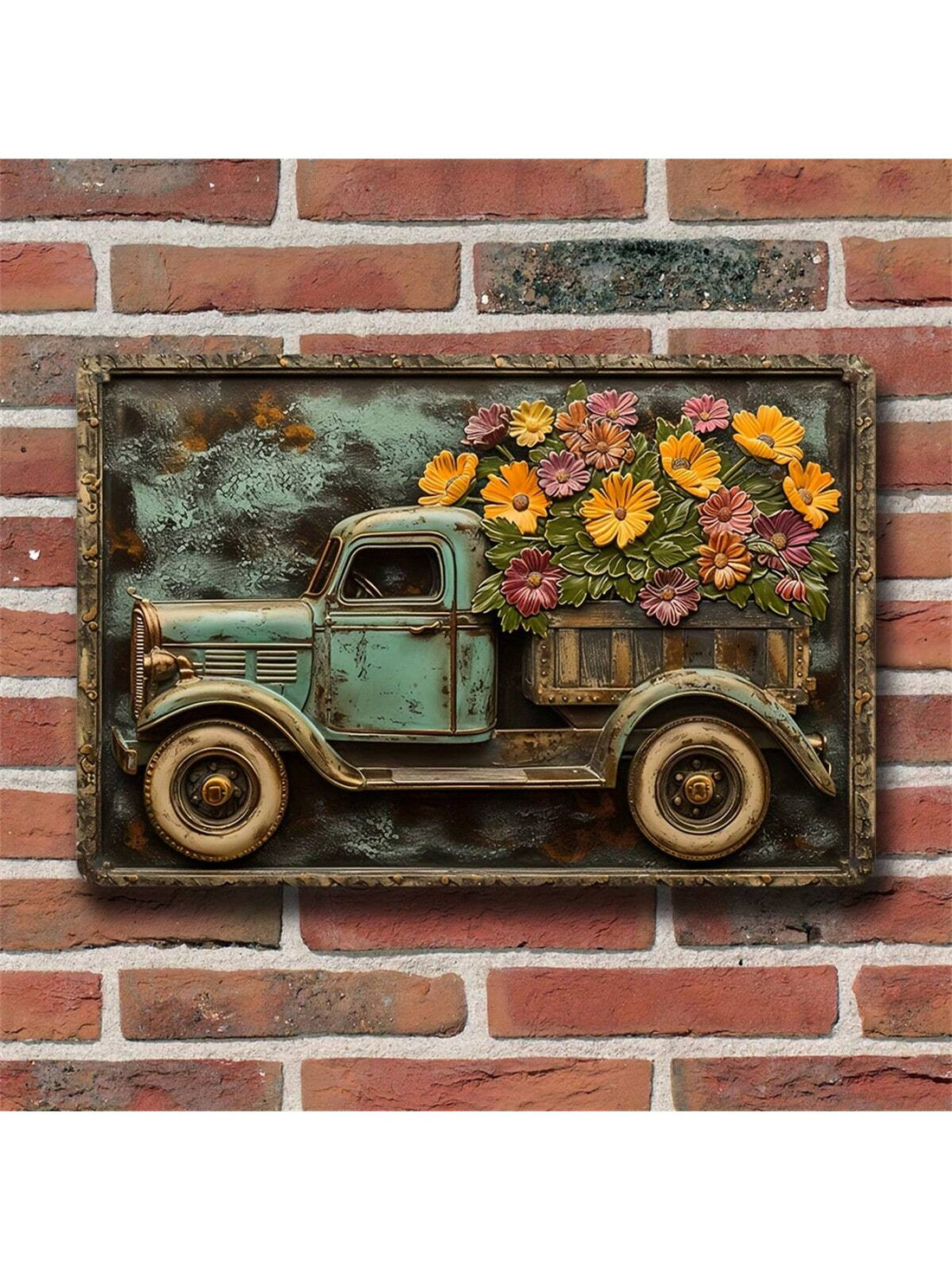 Welcome your guests with retro charm and make a statement in any space with this Vintage Metal Truck Flower Tin Sign. Perfect for home, café, bar, club, or living room, this unique wall art adds a touch of nostalgia to any room. Durably made and beautifully designed, this sign is a must-have for vintage enthusiasts and decor lovers alike.