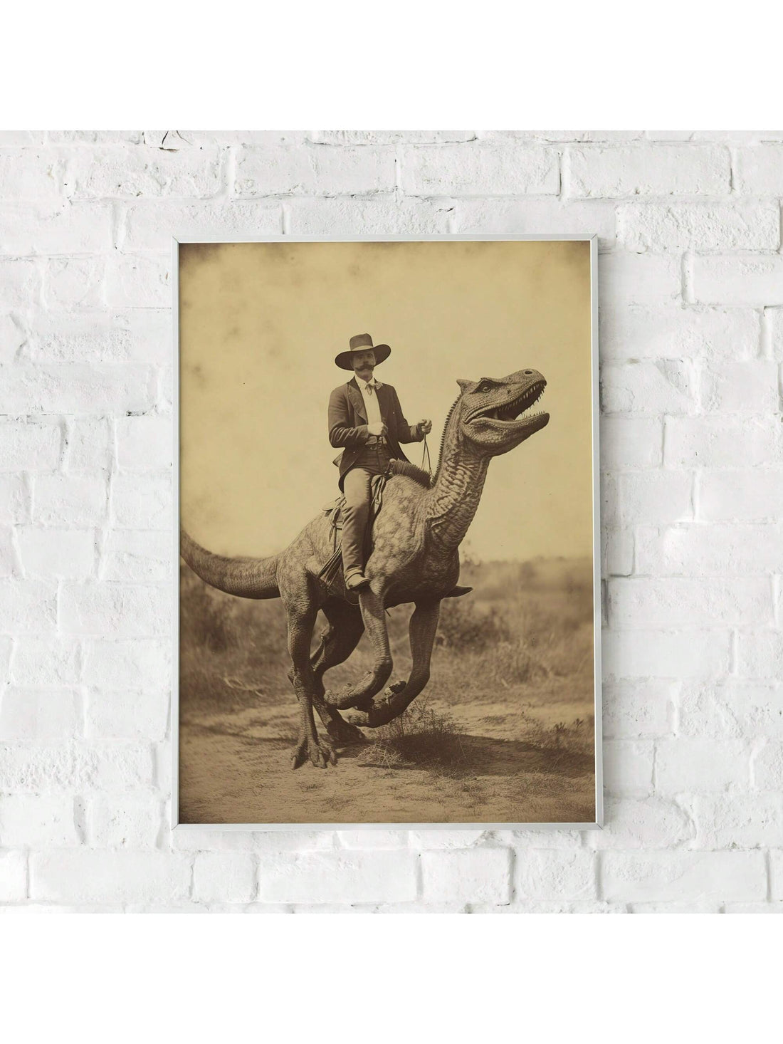 This striking canvas poster merges two iconic themes—vintage Americana and prehistoric adventure—into a captivating visual statement. The design features a dinosaur rendered in classic cowboy aesthetic, combining nostalgic charm with imaginative flair. 