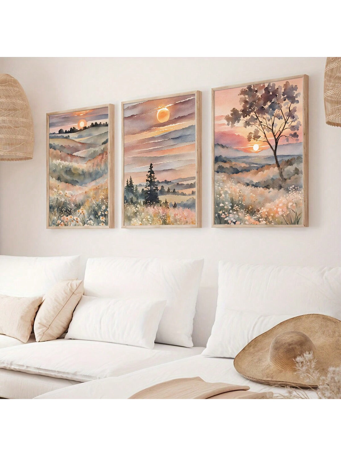 Elevate your home with the serene beauty of the Tranquil Watercolor Sunset Trio. This Boho Landscape Canvas Art adds a modern touch to any room, serving as a stunning focal point. With a tranquil color palette and expert brushstrokes, this trio offers a peaceful and stylish addition to your home decor.