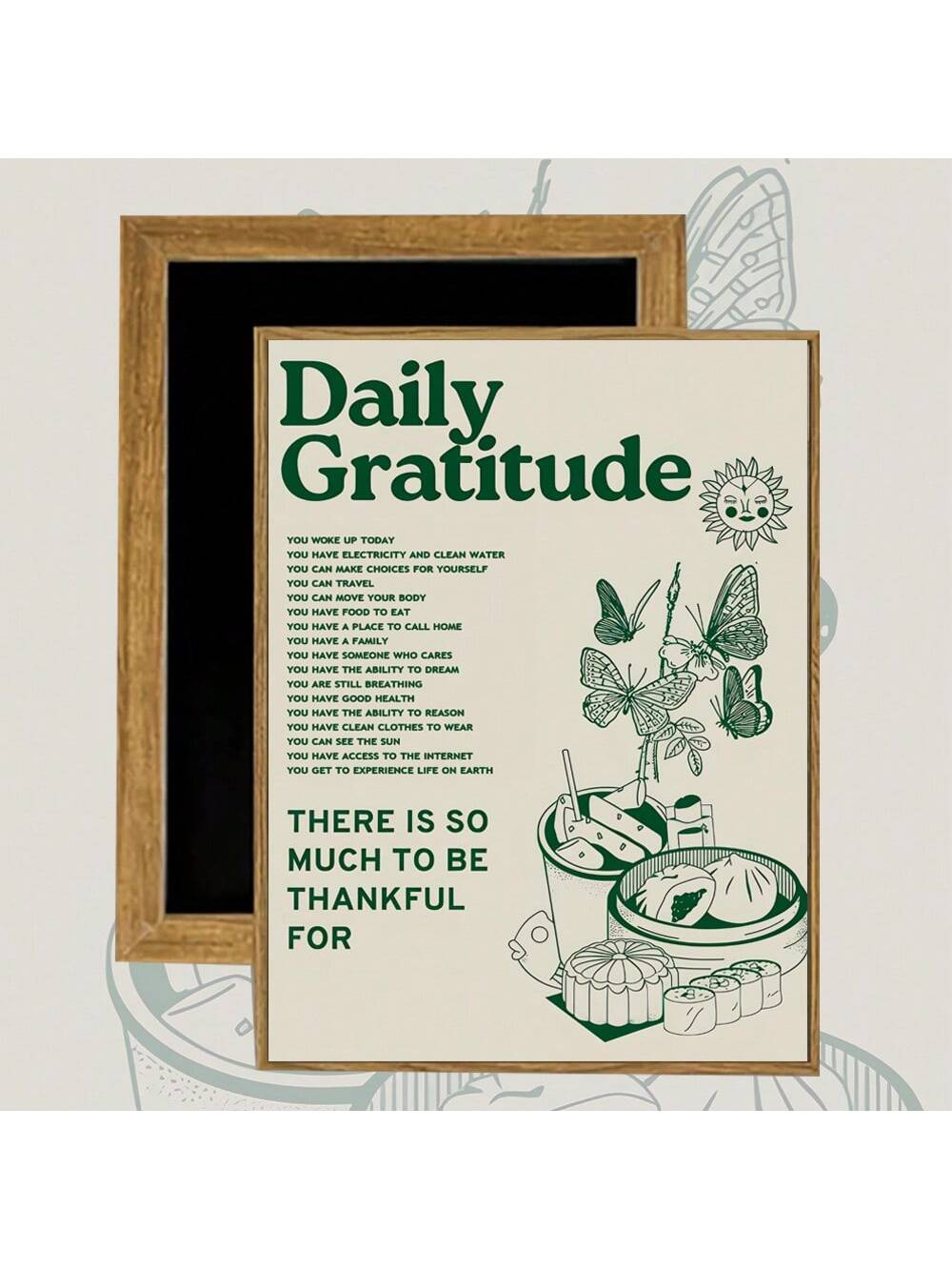 This vintage green gratitude wall art features a cute sunflower and butterfly on a canvas poster. Perfect for adding an aesthetic touch to your living room, sofa backdrop, or bedside, this piece also serves as a reminder to be thankful. No frame needed.