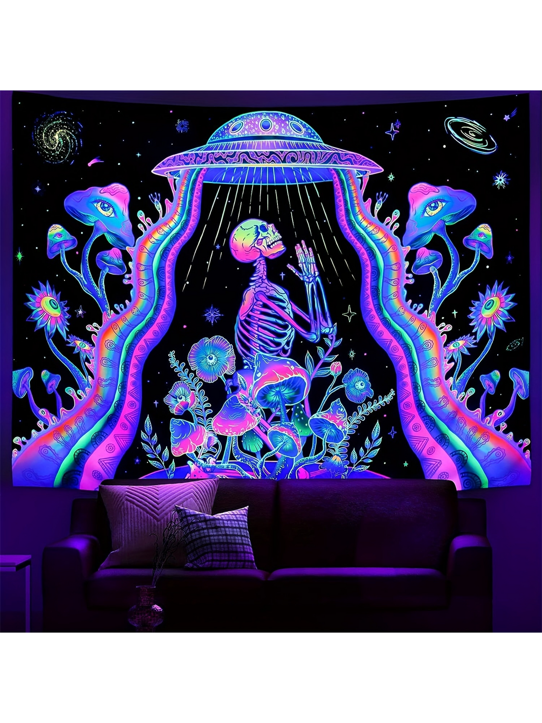 Transform your room into a cosmic oasis with our Galactic Glow: UV Reactive Tapestry Collection. Featuring UV reactive designs, these tapestries will light up under blacklight, adding an otherworldly element to your space. Perfect for adding a touch of science and style to any room.