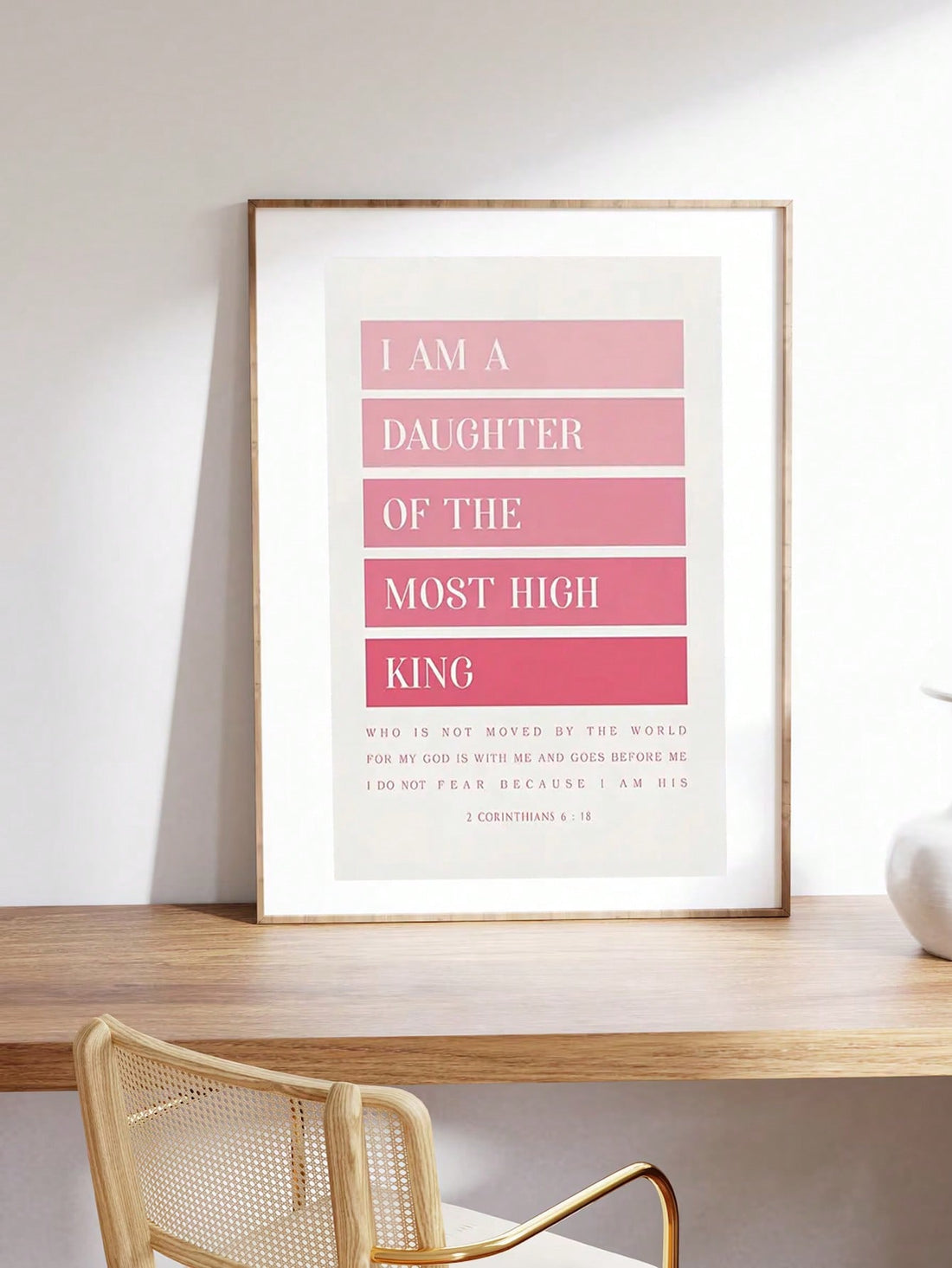 Elevate your living space with this Inspirational Pink Bible Verse Canvas Art featuring the empowering phrase, "I Am A Daughter Of The Most High King." Designed to inspire faith and confidence, this piece serves as a meaningful reminder of your divine identity. Its soft pink tones add warmth and elegance, making it perfect for home decor or a thoughtful gift. Crafted for lasting impact, this canvas art brings both spiritual encouragement and stylish charm to any room.