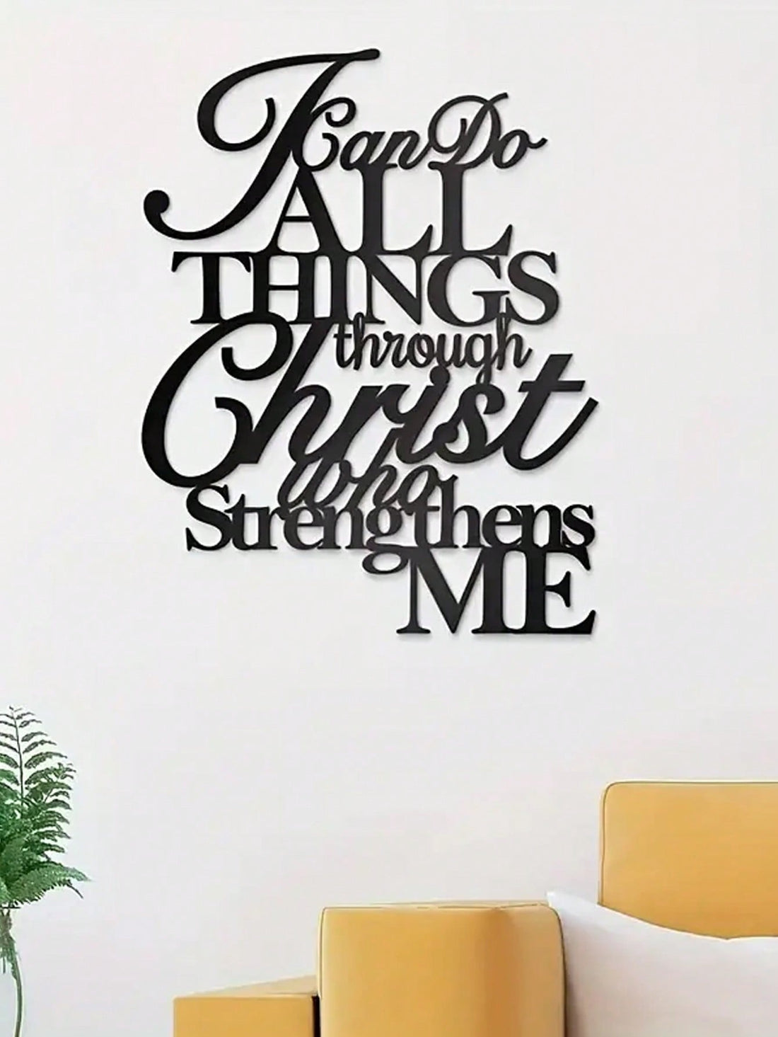 As a Christian, showcase your faith with the "I Can Do All Things Through Christ" sign. Made of black metal resign, this wall decor serves as a reminder that with Christ, all things are possible. Perfect for your home or as a gift to a fellow believer.