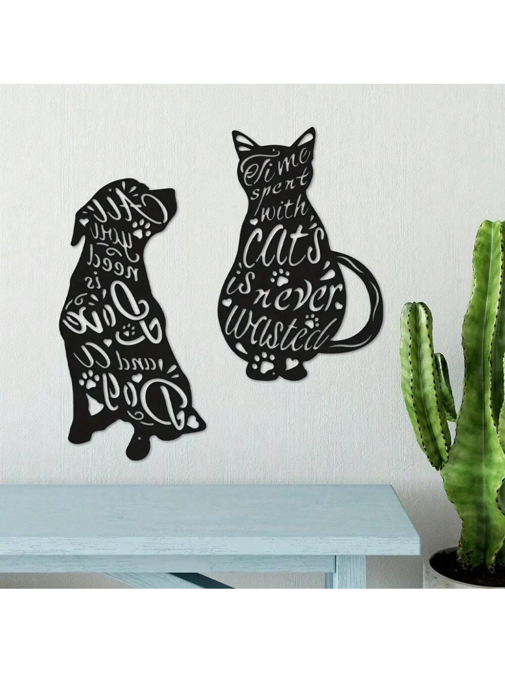 This charming metal wall art is the ideal gift for pet lovers. The intricate design features both a cat and dog, making it perfect for those who love both furry companions. Made with high-quality materials, it is sure to be a lasting and unique addition to any home.