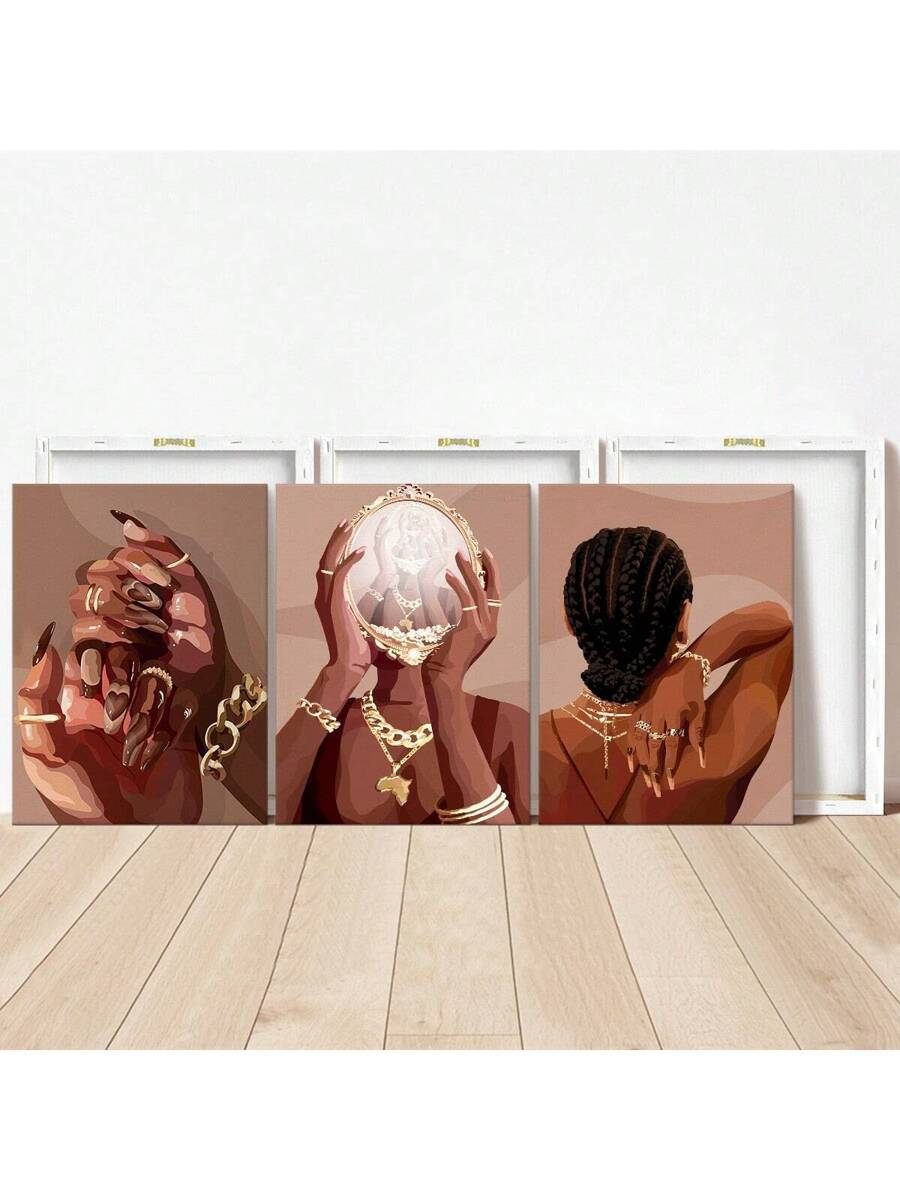 Three canvas panels leaning on floor with rear frames visible