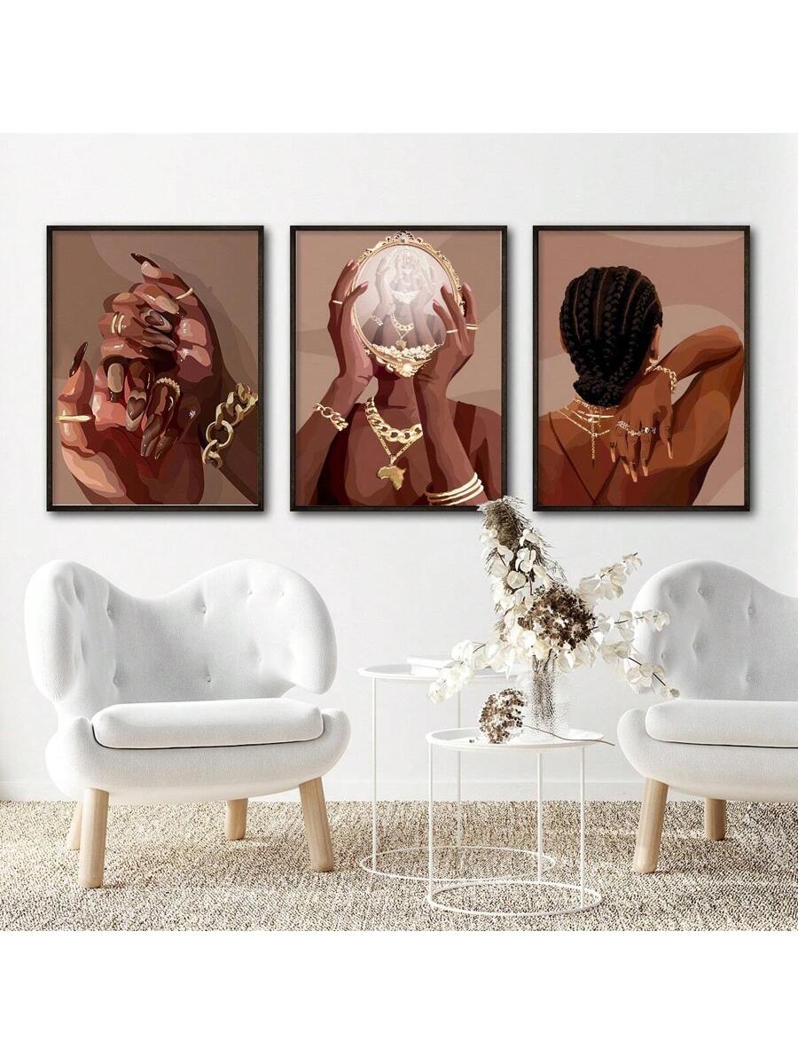 Framed 3pc wall art set over white chairs in modern living room