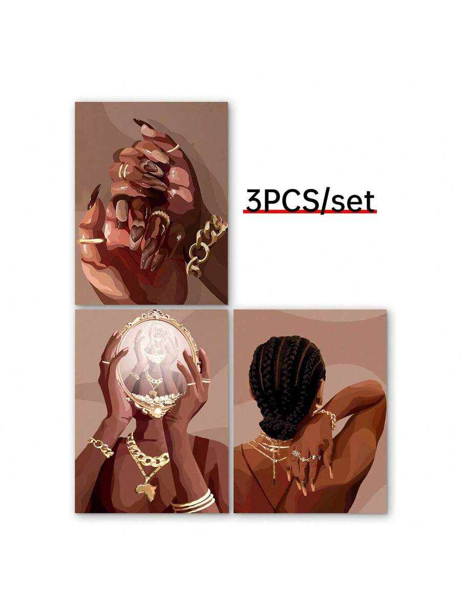 Three canvas prints showing manicured hands mirror portrait and braided woman back pose