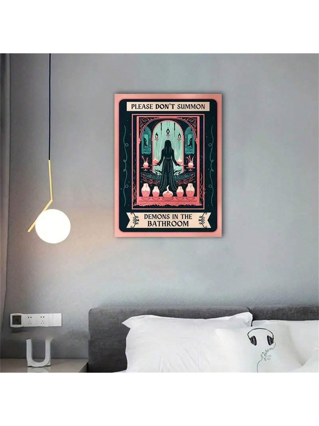 This modern art canvas print features a playful and cautionary message, "Do Not Summon Demons With Cards In Bathroom". Crafted with high-quality materials, it serves as a bold and stylish statement piece for any room. Display it as a reminder to tread carefully with supernatural forces, adding a touch of humor and intrigue to your home decor.