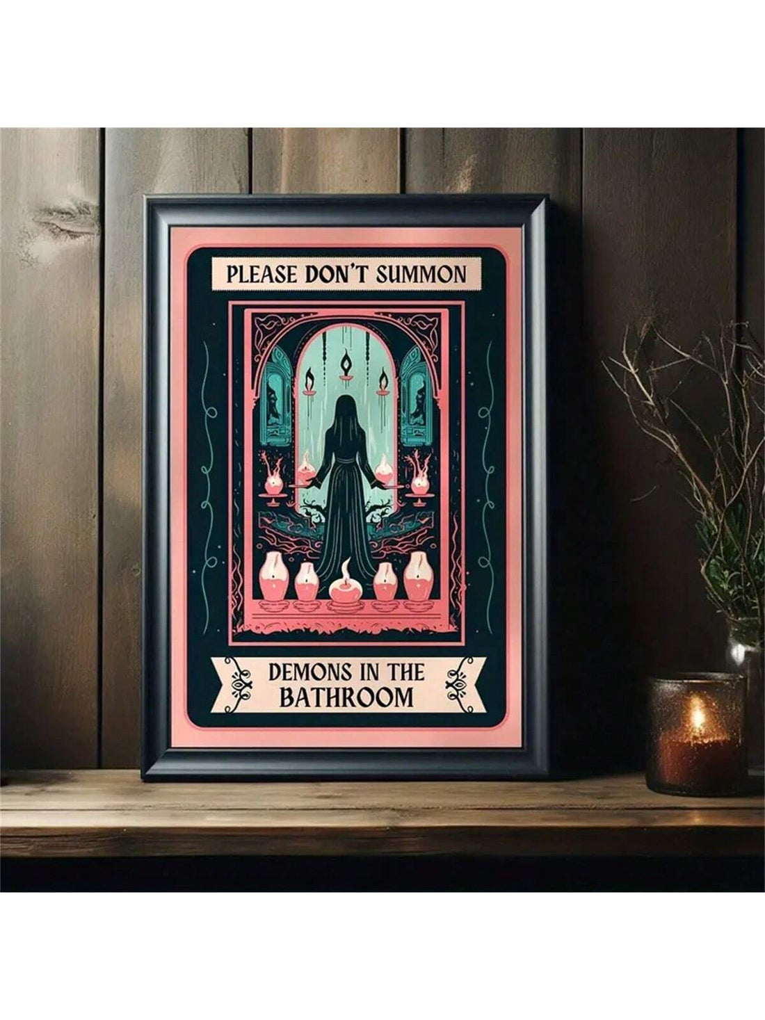 This modern art canvas print features a playful and cautionary message, "Do Not Summon Demons With Cards In Bathroom". Crafted with high-quality materials, it serves as a bold and stylish statement piece for any room. Display it as a reminder to tread carefully with supernatural forces, adding a touch of humor and intrigue to your home decor.