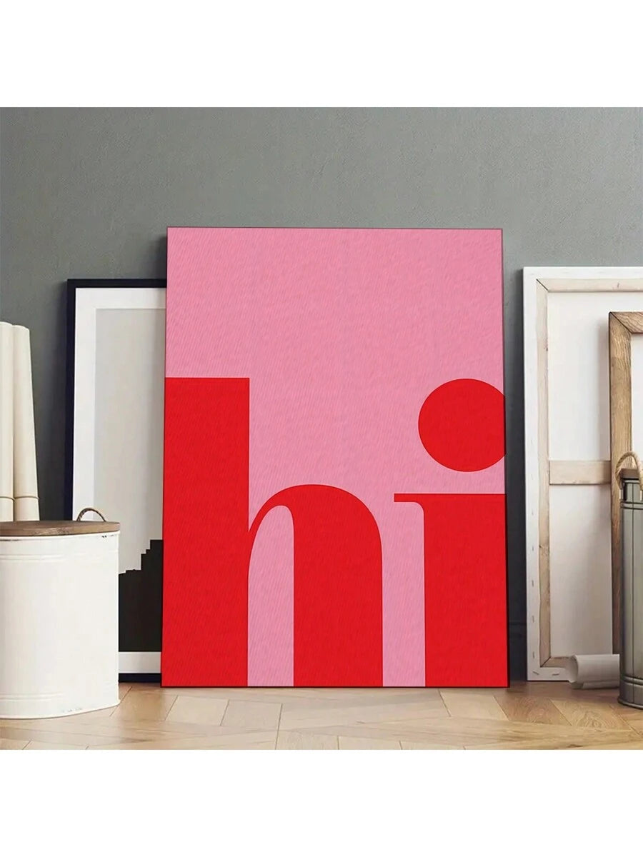 Pink red hi canvas print leaning in studio-style room with frames