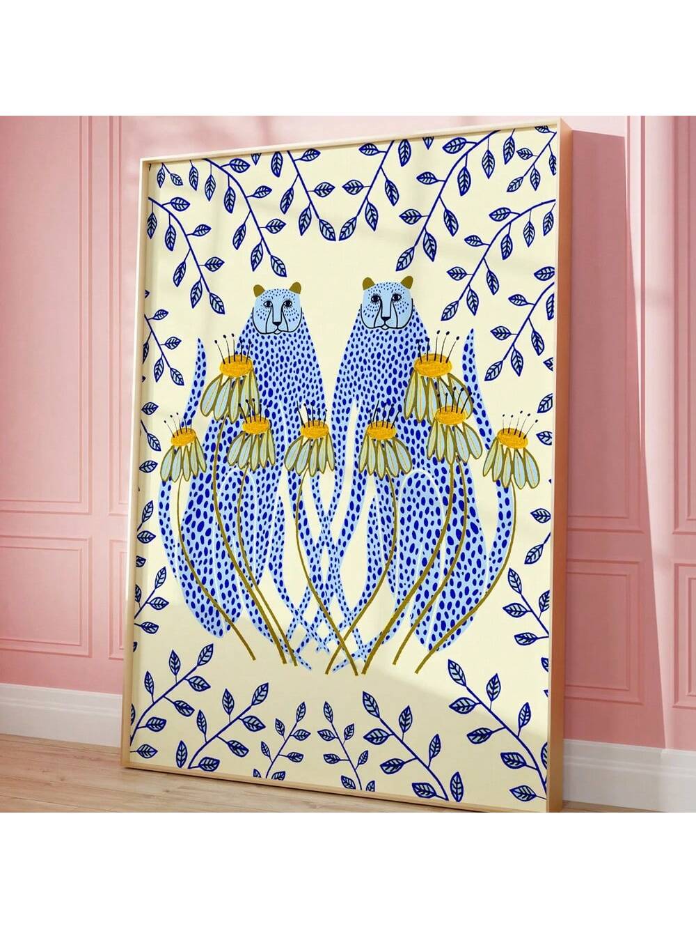 Transform your space with this striking wall art print featuring vibrant blue cheetahs against golden daisies. This sophisticated piece adds a bold touch of wildlife elegance to any interior setting. The unique color combination creates visual interest while complementing various décor styles. Professionally designed to serve as a captivating focal point in living rooms, bedrooms, or offices.