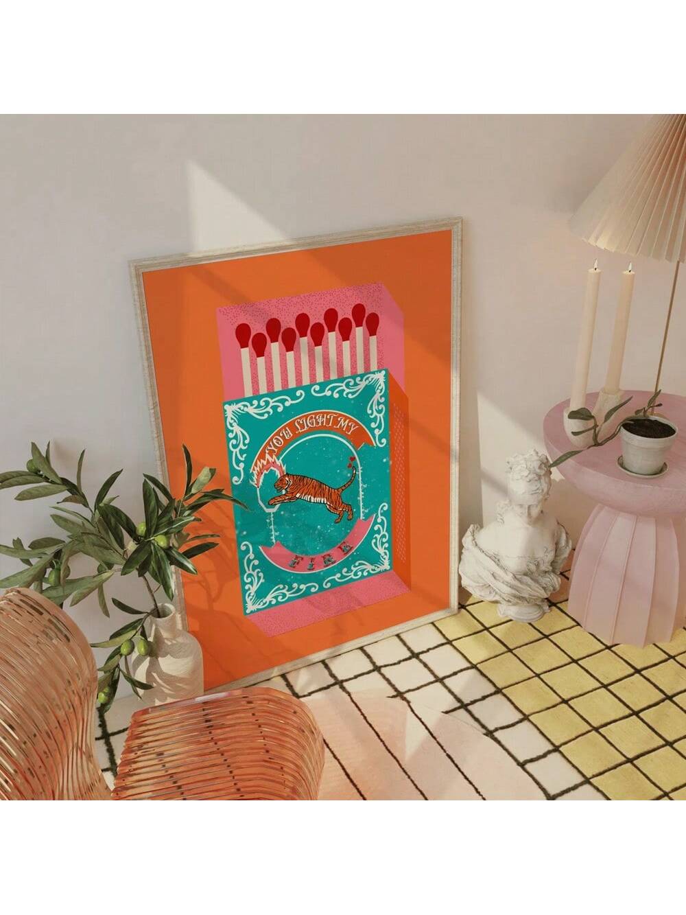 Ignite your space with this striking retro matchbox-inspired poster, a nostalgic nod to mid-century design aesthetics.