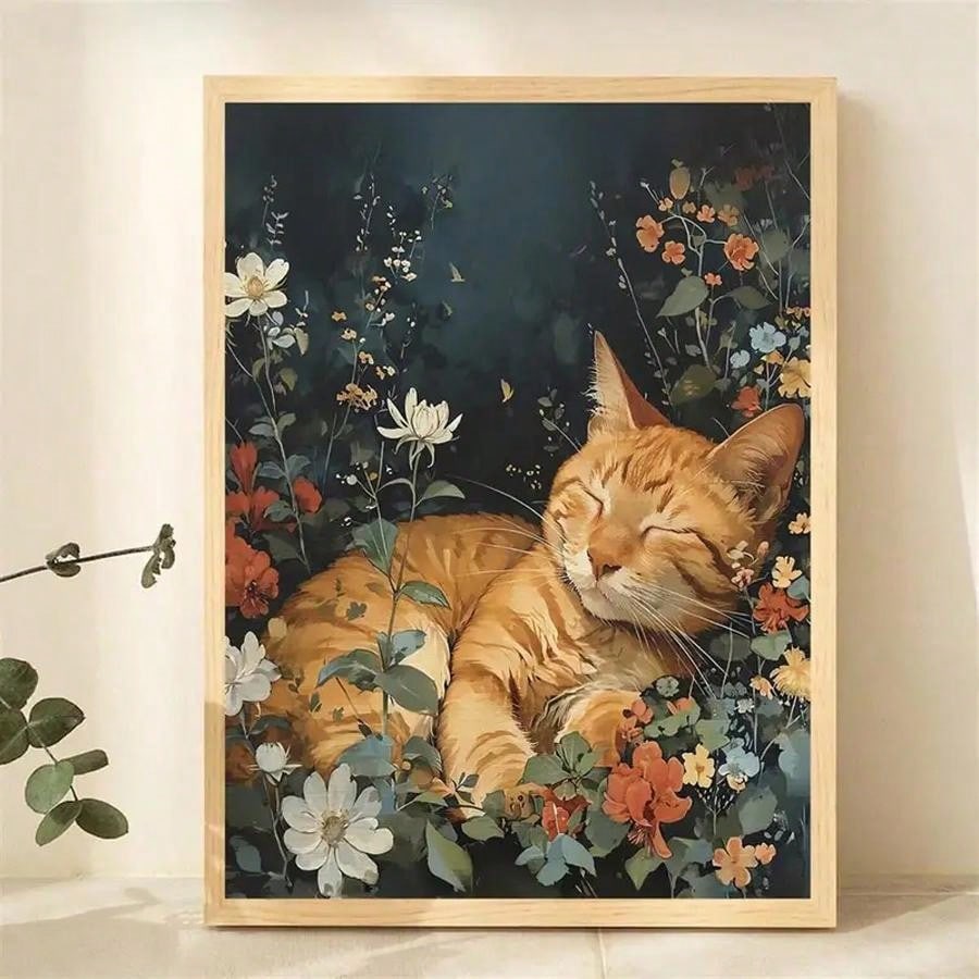 Introduce some whimsy and joy to your space with our Whimsical Sleepy Orange Tabby Cat Canvas Art. This vibrant piece features a playful tabby cat surrounded by a beautiful floral garden. Transform any wall into a delightful and colorful escape.