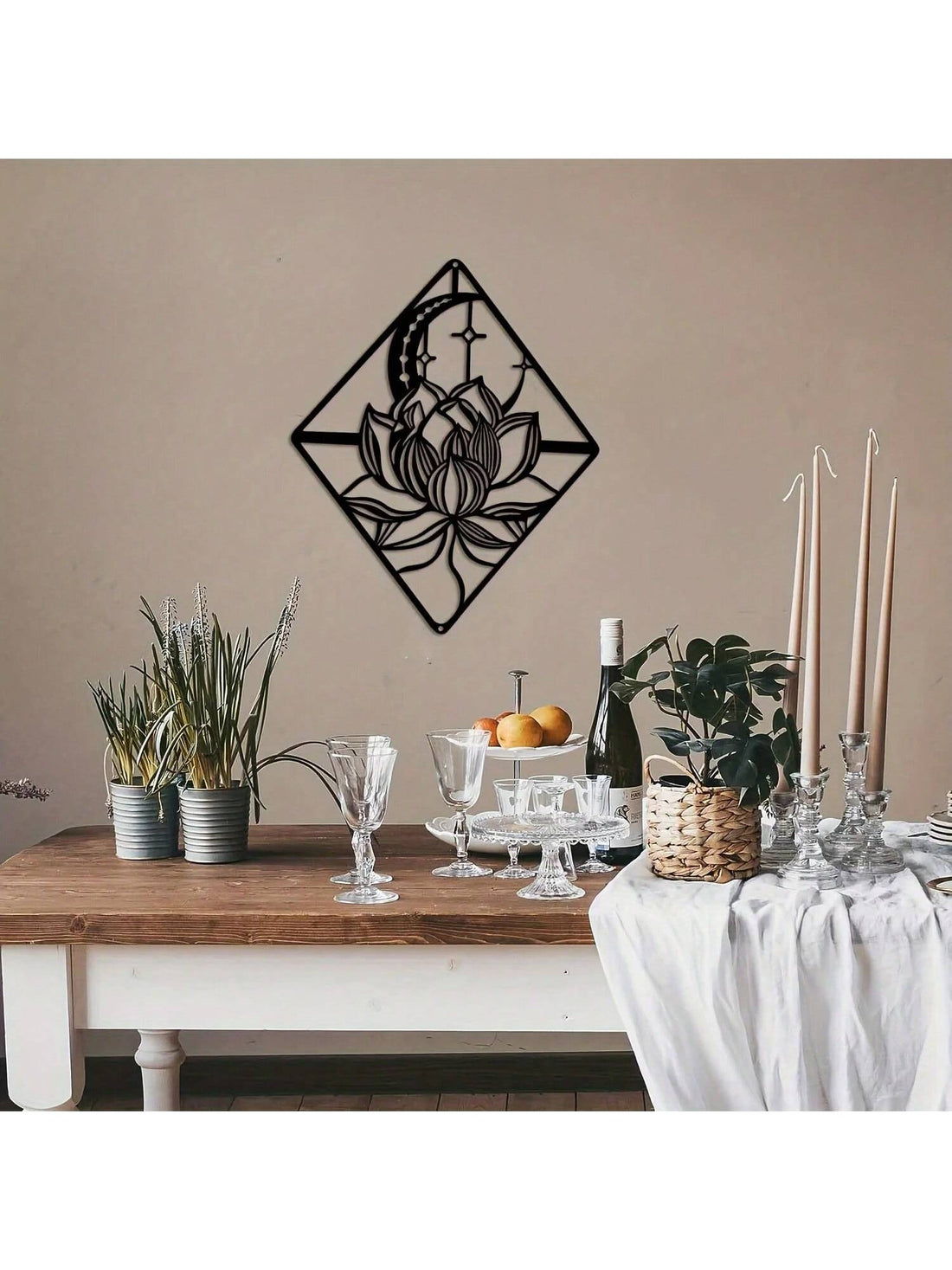 Elevate your home décor with the Moonlit Lotus Metal Wall Art Sculpture. This stunning piece features intricate hanging ornaments that add dimension and texture to any room. Made with high-quality metal, it is both durable and eye-catching. Transform your space with this elegant and unique wall art.