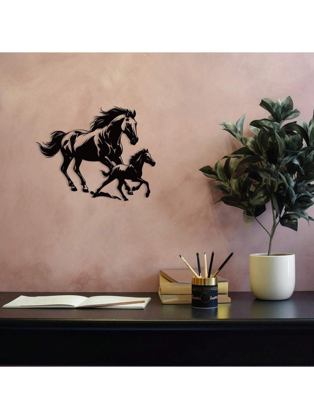 Elevate your home decor with our Majestic Metal Horse Plaque. Crafted with stunning detail, this wall art is perfect for any horse enthusiast. Its sleek metal design will add a touch of elegance to any room. Show off your love for horses with this must-have piece.