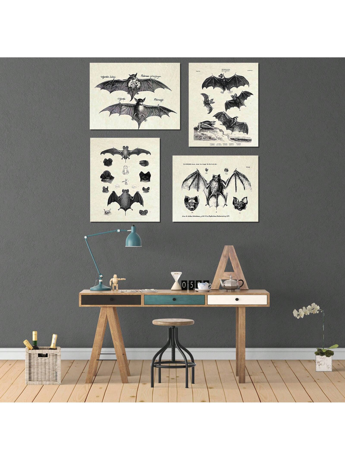 Explore your dark and mysterious side with our Creepy Chic art prints. The set of 4 posters feature intricate and vintage illustrations of bat anatomy, adding a touch of horror to your home decor. Delve into the world of gothic aesthetics with these unique and educational pieces.