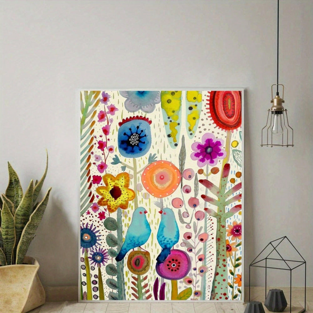 Tranquil Blooms: Aesthetic Unframed Canvas Wall Art Featuring Flower and Blue Bird Design