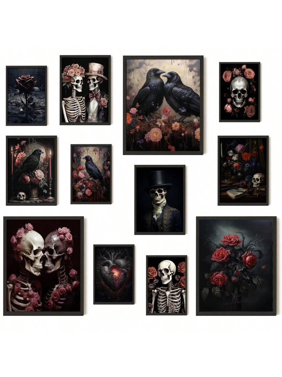 Add a touch of dark elegance to your home decor with this set of 12 floral gothic canvas posters. These unique and eye-catching designs feature the iconic raven skull, perfect for Halloween or as a unique gift. No frame required for easy decorating.