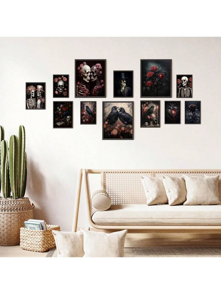 Add a touch of dark elegance to your home decor with this set of 12 floral gothic canvas posters. These unique and eye-catching designs feature the iconic raven skull, perfect for Halloween or as a unique gift. No frame required for easy decorating.