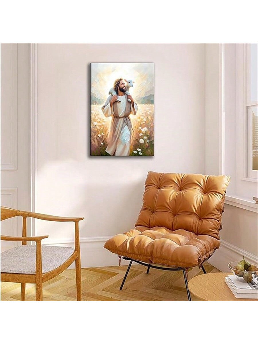 The Divine Shepherd: Jesus Carrying The Lamb Canvas Wall Art for Christian Home Decor