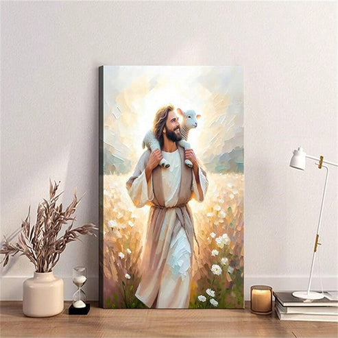 The Divine Shepherd Jesus carrying a lamb Christian canvas wall art