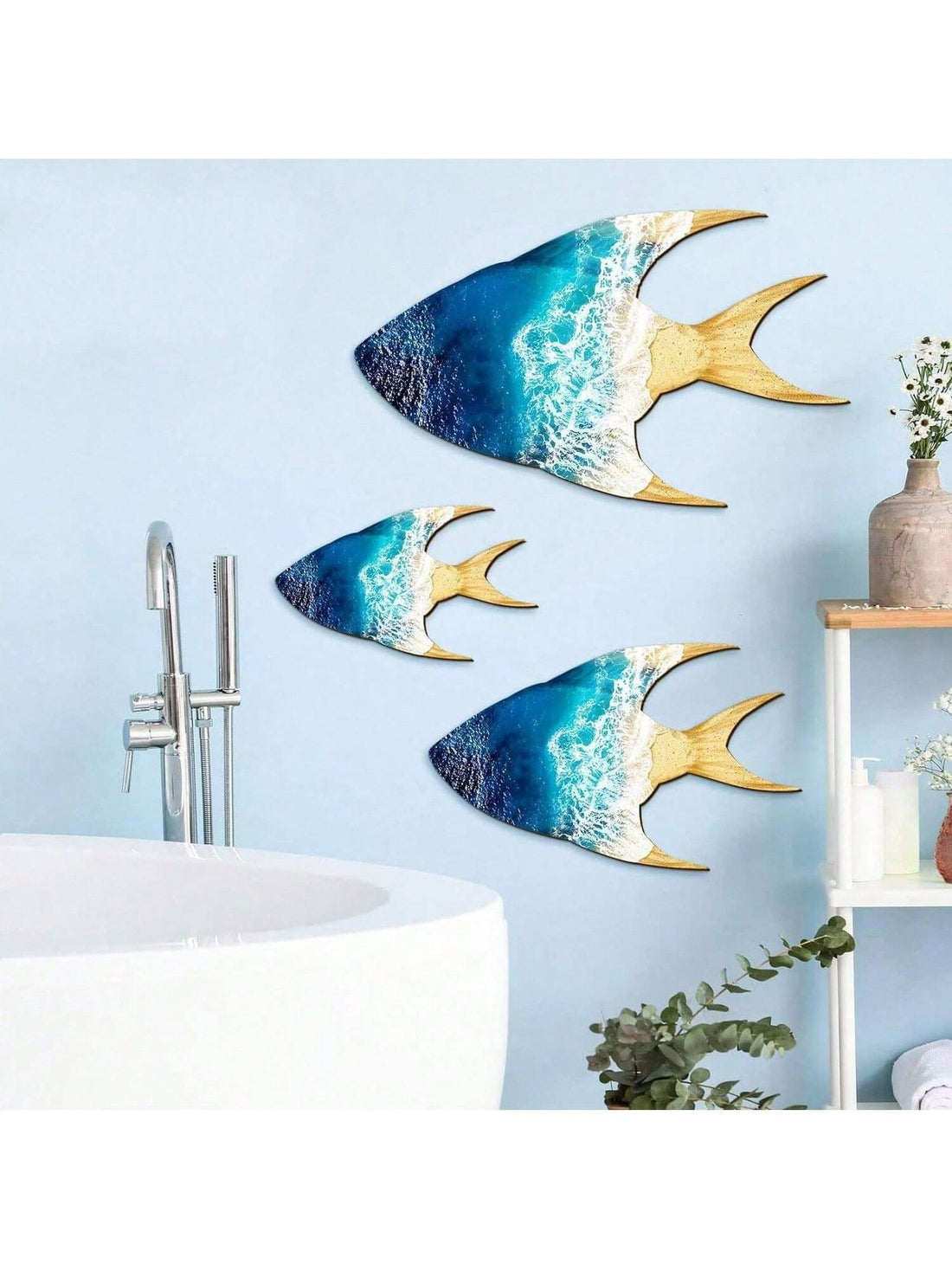 This Blue Wooden Fish Family Set is a perfect addition to your coastal themed decor. Handcrafted from quality wood, this wall art collection features multiple shades of blue, giving off a serene and serene oceanic feel. Each piece is unique and adds a touch of elegance to any room.