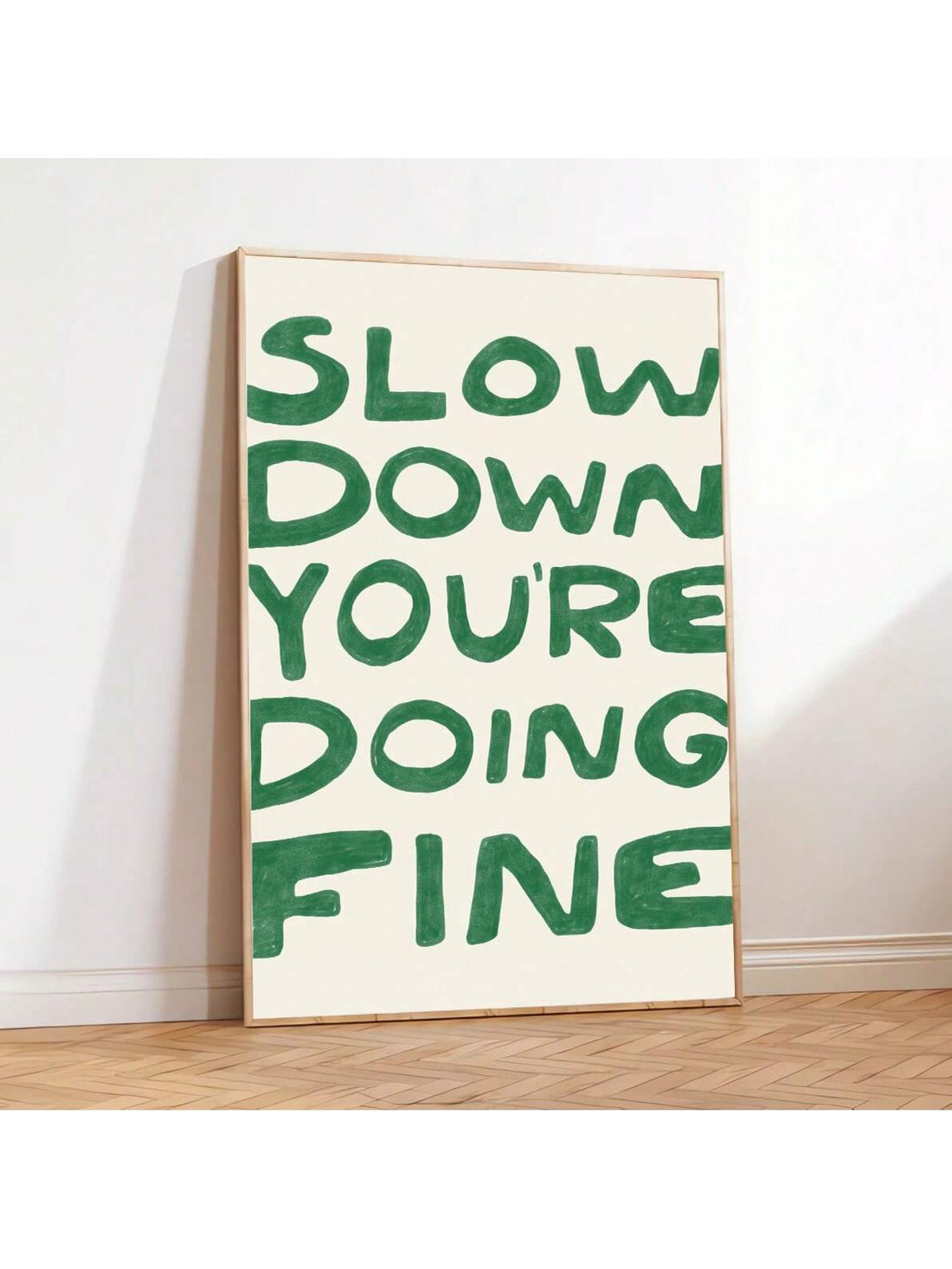 This inspirational canvas art, featuring the phrase "Slow Down, You're Doing Fine," serves as a reminder to take a moment and breathe in the midst of a hectic day. With its modern typography and sleek design, it adds a touch of motivation and style to any home decor.