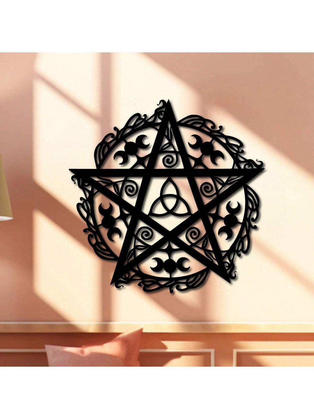 Enhance the look and feel of your home or office with our Mystical Pentagram Triple Moon Metal Wall Art. This modern piece adds a touch of mysticism and elegance to any space. Crafted with precision from high-quality metal, it's durable and long-lasting. Elevate your decor with this statement piece.