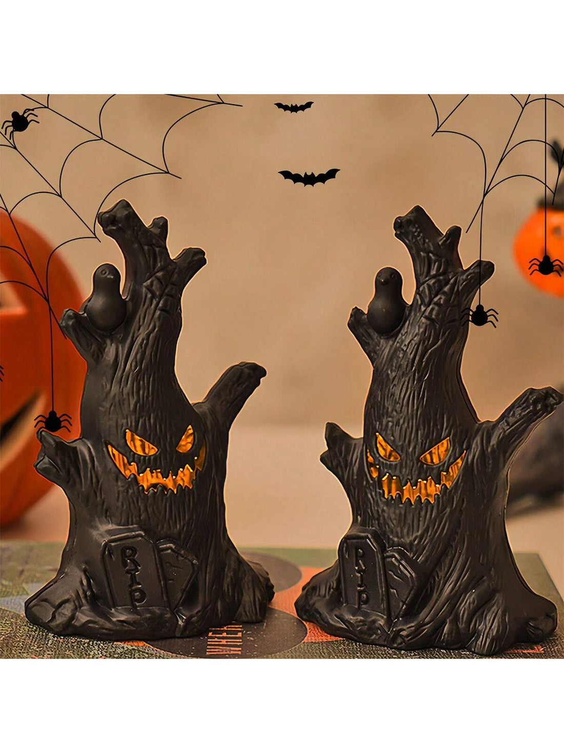 Enhance your spooky Halloween decor with our Glowing Pumpkin Lantern featuring a spooky ghost design on a tree stump base. The perfect decoration for your table, this lantern emits a soft, glowing light that will create a haunting atmosphere. Add a touch of Halloween magic to your home with this unique ornament.