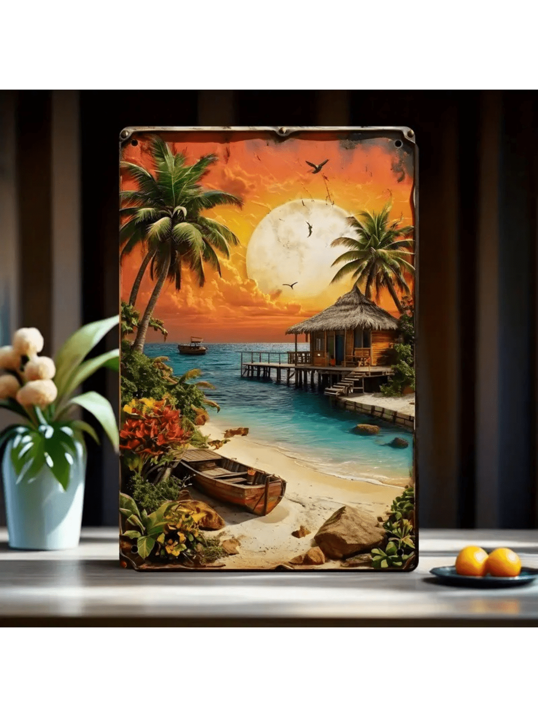 Add a touch of nostalgia to any space with this vintage metal sunset beach tin sign. Perfect for homes, bars, man caves, or offices, its old-fashioned design will bring a sense of warmth and relaxation. Made of durable metal, it will last for years to come.