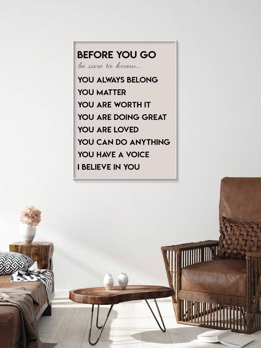 Blush affirmation wall art displayed in a warm earthy living room