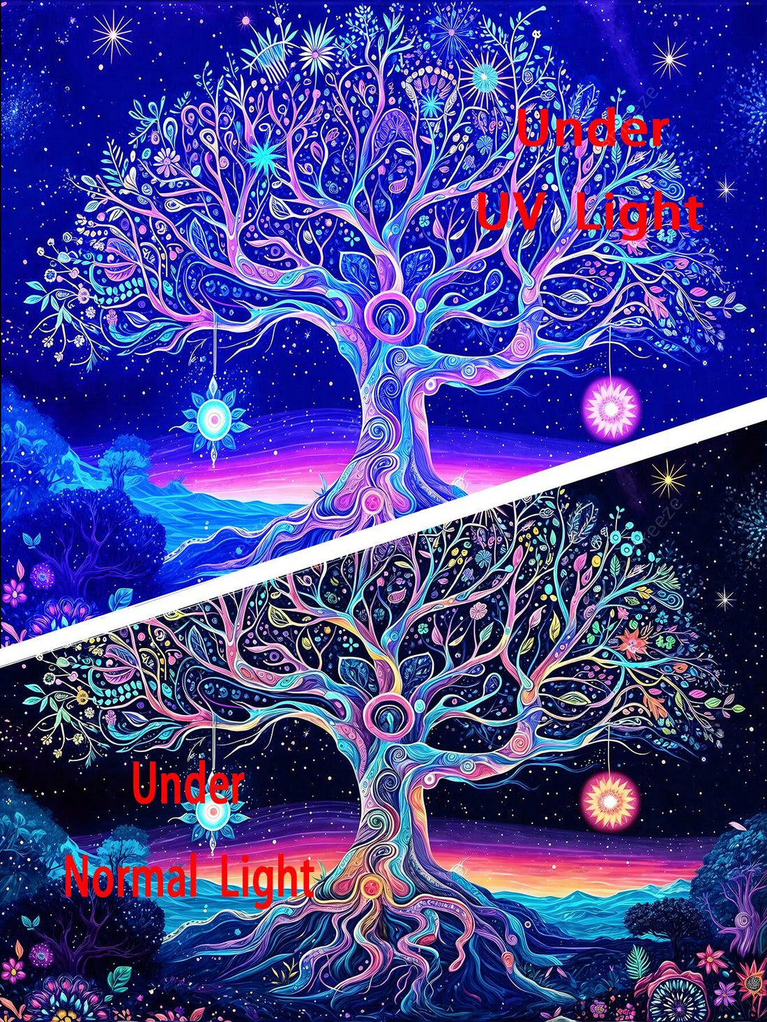 Transform any wall into a breathtaking statement with the Starry Night Tree of Life UV Reactive Tapestry. This stunning piece of aesthetic hippie home decor features intricate detailing and a reactive UV coating that glows in low light. Elevate your space with this unique and captivating tapestry.